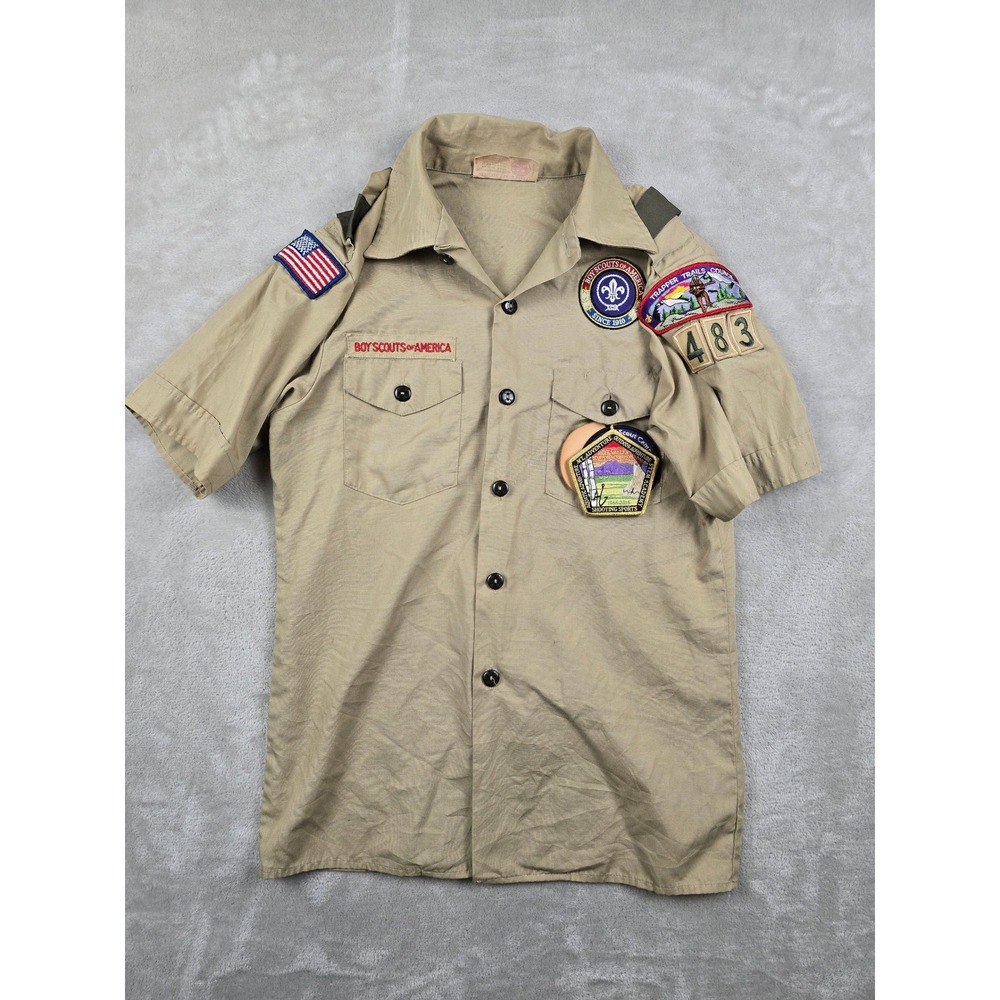 Boy Scouts of America Uniform Shirt Youth Large Tan Short Sleeve Patched 483 USA